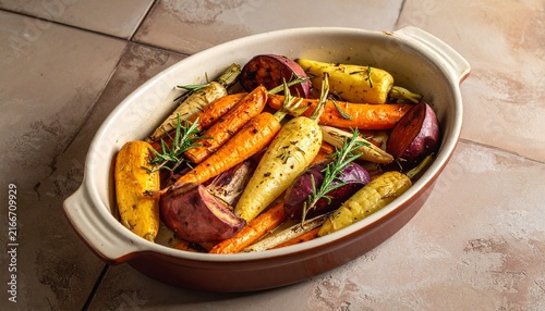 Roasted Root Vegetables in Ceramic Dish with Herbs.