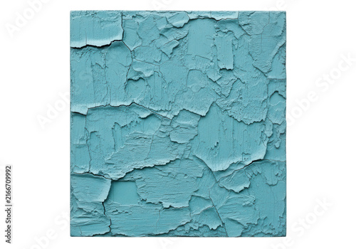 Square texture of cracked turquoise paint on a wall surface isolated on transparent background for design projects
