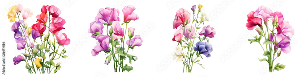 Obraz premium Watercolor sweet pea flowers in variety of colors arranged on black background