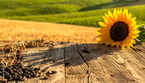 Sunflower on rustic wooden table with wheat field background.