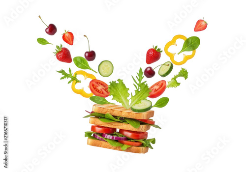 Healthy sandwich with flying fresh vegetables and fruit slices isolated on transparent background for food menus