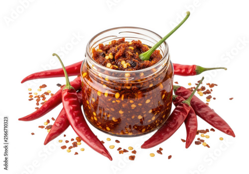 Glass jar filled with spicy chili sauce and fresh red chili peppers isolated on transparent background