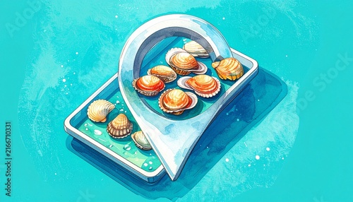 Fresh scallops on a white plate with watercolor background.