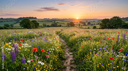 Idyllic rolling green countryside meadows filled with colorful wildflowers along small path at peaceful sunrise.