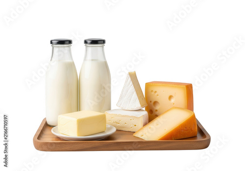 Wooden tray with dairy products including milk bottles and various cheeses isolated on transparent background view
