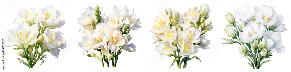 Fototapeta premium Watercolor painting shows four white freesia flower bunches isolated on a black backdrop