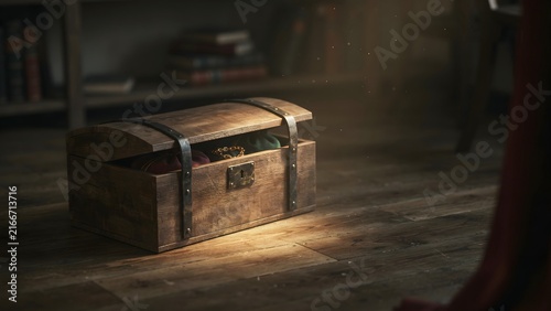 Rustic wooden treasure chest in a dimly lit room setting