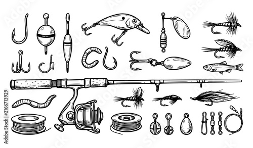 Fishing Equipment Doodle Set with Hooks Floats Lures Baits and Fly Fishing Tackle Vector