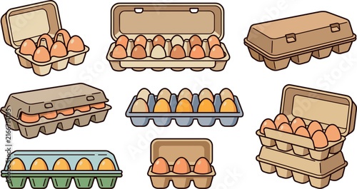 Chicken Egg Carton Box Vector Icon Set with Open and Closed Cardboard Packages, Plastic Trays, and Fresh Brown Eggs for Grocery and Farm Designs