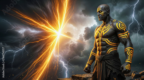 Muscular bald Black man warrior with glowing yellow elemental body tattoos standing against lightning storm sky. Concept of thunder power, superhero fantasy, and mythical strength.