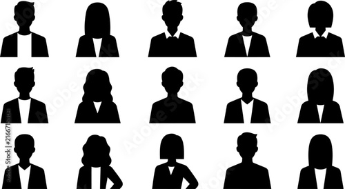 Set of diverse professional business avatar icons featuring male and female corporate characters in flat black silhouette vector illustration for websites