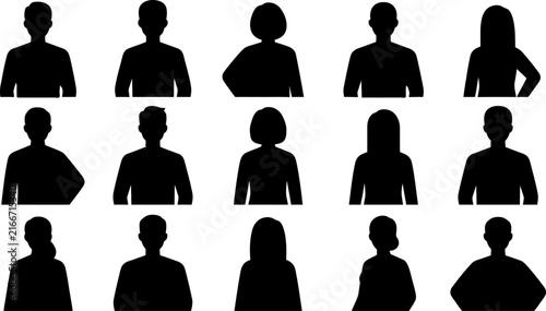 Set of diverse male and female human head and shoulder avatars with flat black silhouettes isolated on a plain white background