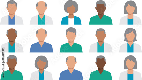 A diverse collection of fifteen senior doctor and medical professional character avatars shown in flat vector style for health care concepts