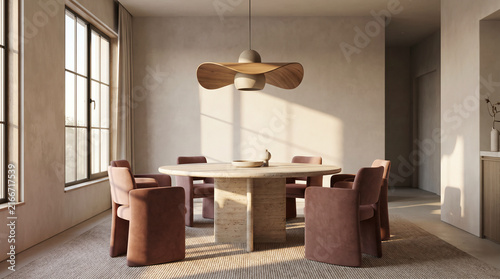 Modern organic dining room interior with travertine round table dusty pink armchairs and wavy wooden pendant light