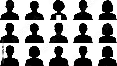 Set of diverse human profile avatar silhouettes representing corporate staff members or anonymous user accounts for website interface and social media design