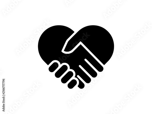 Heart handshake icon vector, black silhouette of hands shaking in heart shape, charity and partnership symbol for business branding