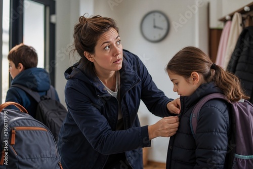 Tired mother helping children get ready for school while glancing at clock, managing busy morning routine with focus and care. Maternal burnout reflects challenge of modern parenting and daily life.