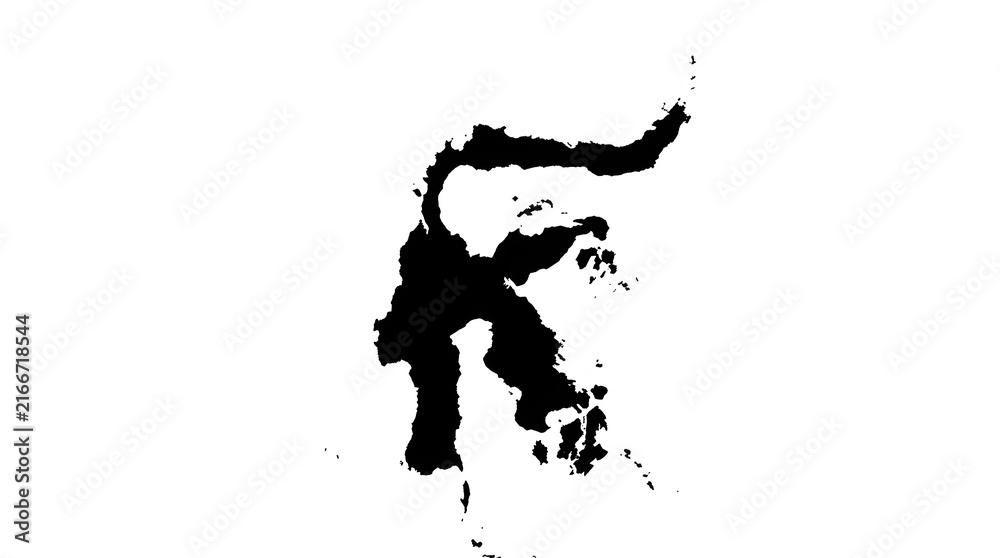 Obraz premium Minimalist black and white map of Sulawesi Island displaying its unique geographic shape and territory within the Indonesian archipelago.