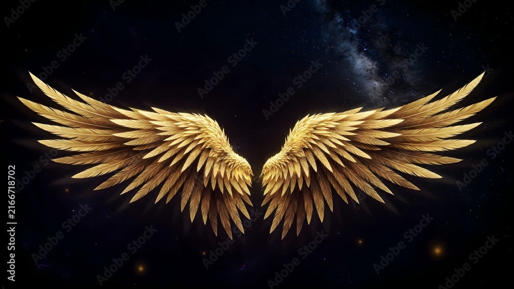 Fototapeta premium Golden Angel Wings with Shimmering Feathers on Dark Background