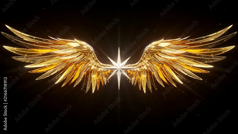 Fototapeta premium Golden Angel Wings with Radiant Star in Dark Background