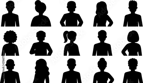 Set of diverse human silhouettes representing various avatars and user profile icons for digital interfaces and social media network communication platforms