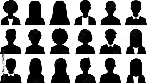 Set of diverse male and female human avatars showing different hairstyles and clothing styles as simple flat vector silhouette profile icons