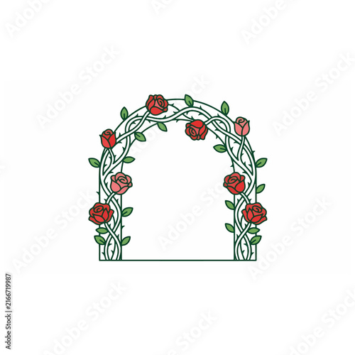 Elegant rose arch illustration, a beautiful floral garden gate design. Decorative botanical archway with red roses and green leaves, perfect for wedding invitations or romantic designs.