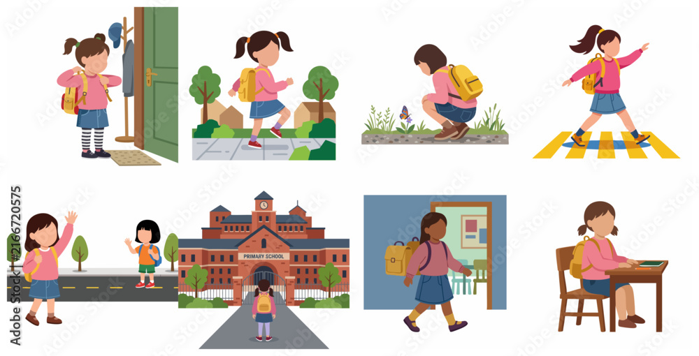 Fototapeta premium Flat vector illustration set of a young girl's daily routine and journey to primary school