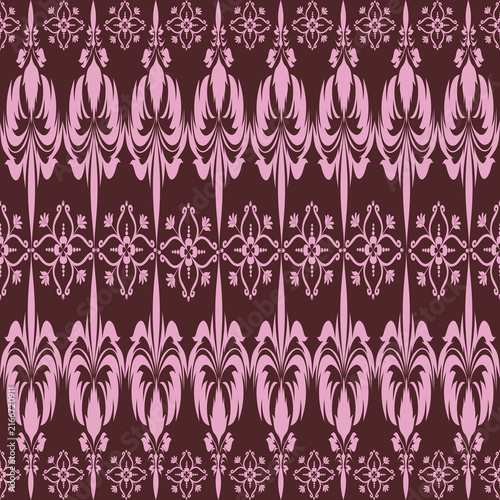Pink ornate damask floral seamless pattern on burgundy background, ethnic vintage vector