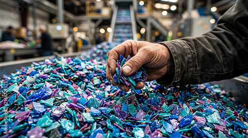 Worker hand holding recycled colorful plastic flakes in a manufacturing factory plant