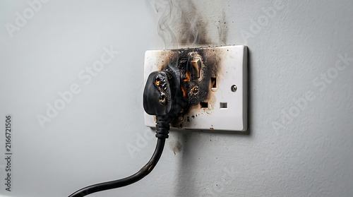 Burnt electrical wall socket with a smoking melted plug causing a fire hazard risk