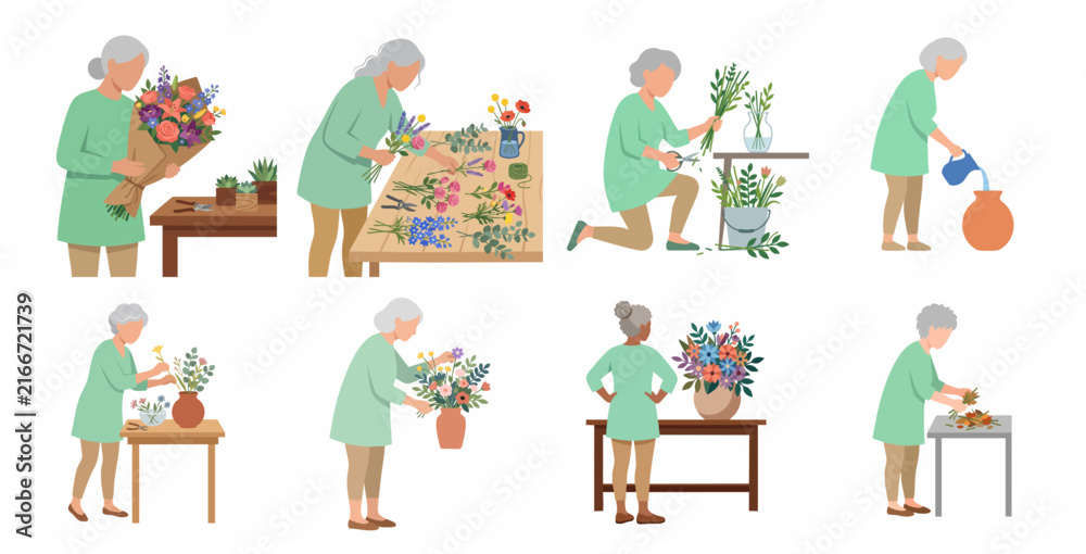 Naklejka premium Senior woman florist character set engaged in flower arrangement and gardening activities