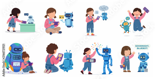 Set of illustrations featuring a young girl learning and playing with a friendly AI robot chatbot, concept of educational technology and future of learning