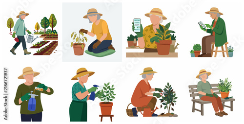 Senior woman gardening collection with various scenes of planting, watering, and using smart gardening technology for plant care