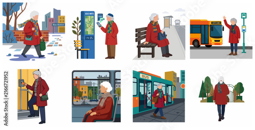 Senior Woman Commuting by Public Bus Illustration Set Showing Boarding and Traveling Scenes