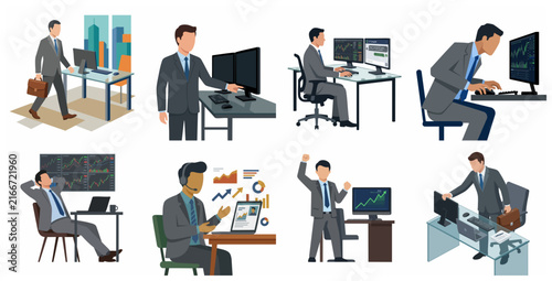 Vector Illustration Set of Businessman in Various Office and Trading Activities