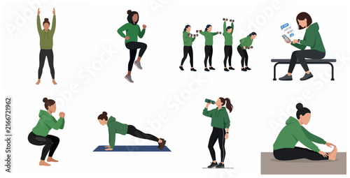 Set of Flat Vector Illustrations of a Woman Doing Fitness Exercises and Workout Routines