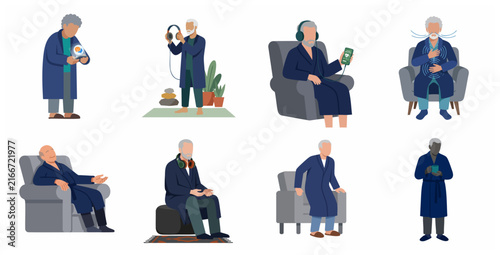 Vector illustration set of senior men in robes practicing mindfulness, meditation, breathing exercises, and using health technology for wellness and self-care at home.