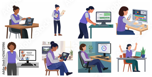 Collection of Professional Female Video Editors Working on Post-Production Workflow Illustration