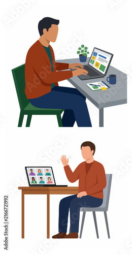 Man working on laptop at home office and joining a video conference call, flat vector illustration