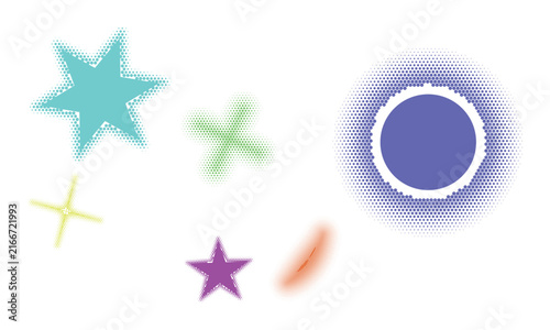 Halftone star shapes and circular abstract graphic design elements