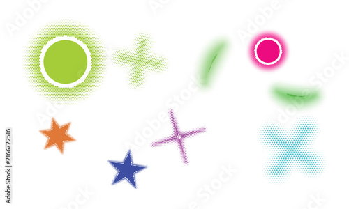 Collection of colorful halftone geometric shapes and stars isolated