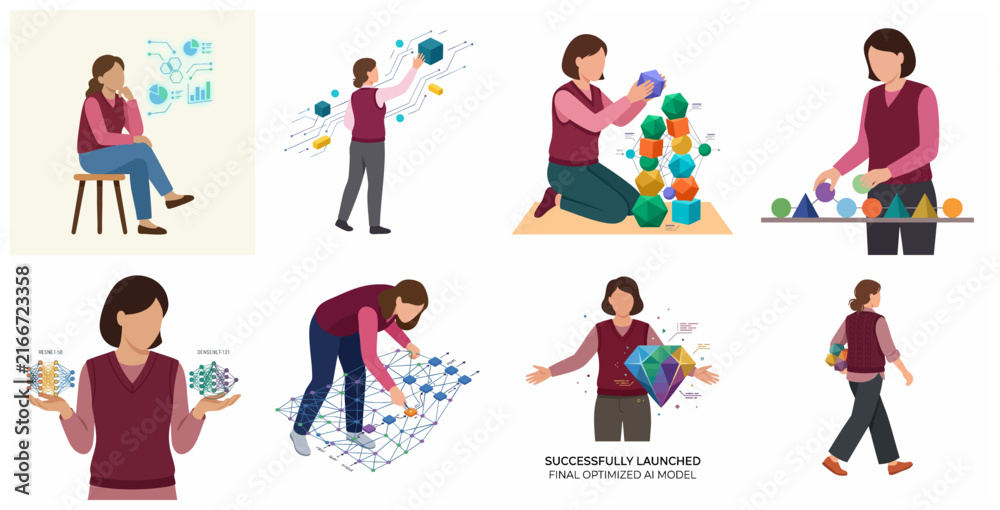 Fototapeta premium Female data scientist working on machine learning models, neural networks, and AI optimization illustrations.