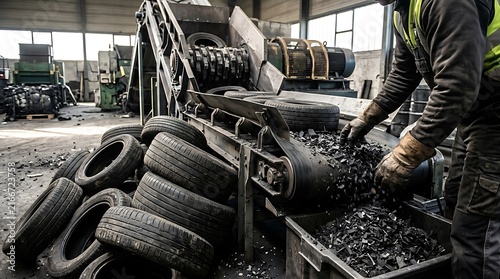 Used tires are piled next to an industrial conveyor belt machine inside a recycling facility with a worker handling rubber debris.