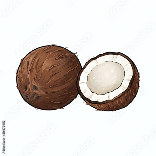 Whole Brown Coconut and Half Cut Coconut Isolated