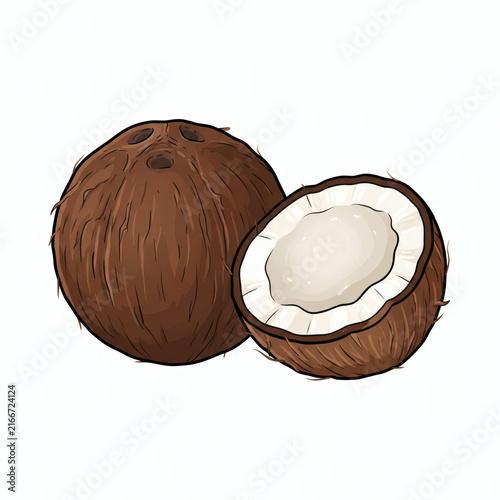 Whole Brown Coconut and Half Cut Coconut Isolated