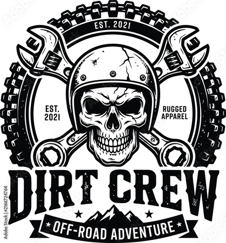 Skull logo with wrenches and off-road adventure text design