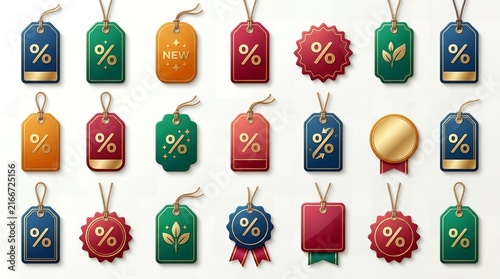 Decorative sale tags with percent symbols and floral patterns for holiday promotions and retail events.