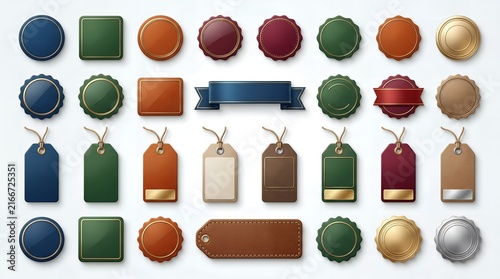 Professional set of rounded and square badge labels with leather textures for corporate branding.
