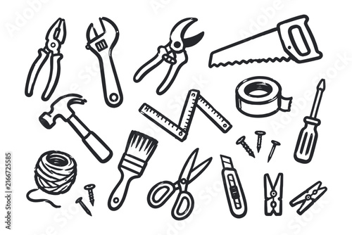 Bild auf Leinwand Home Repair Tools Hand Drawn Set Vector Illustration